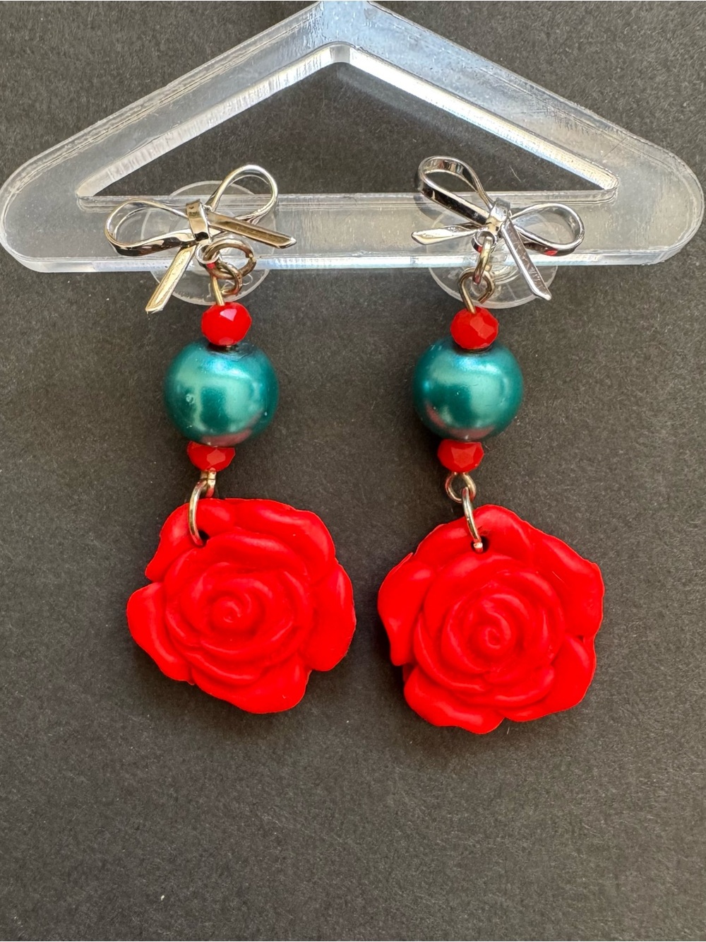 Red Rose Dangle Earrings with Teal Bead - Women Jewelry